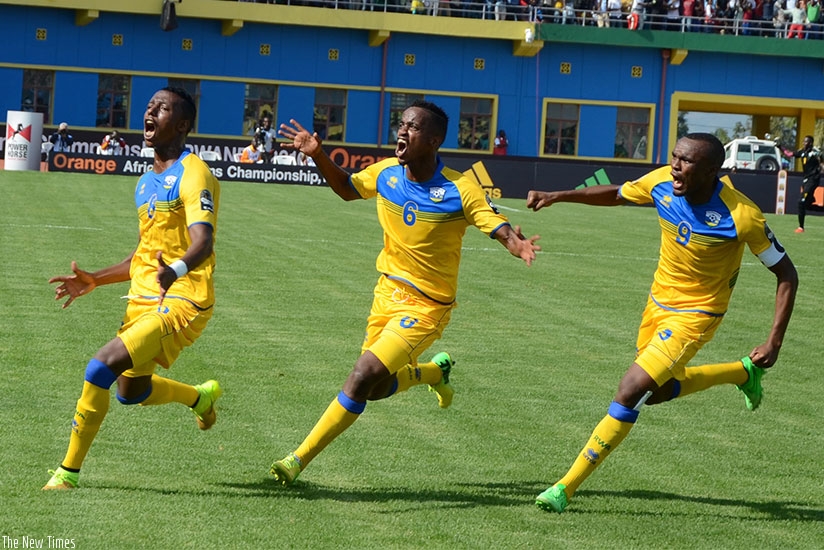 Goal scorer Bayisenge (left) lead his teammates Yannick Mukunzi and skipper Tuyisenge in celebration on Saturday at Amahoro National Stadium. (Sam Ngendahimana)