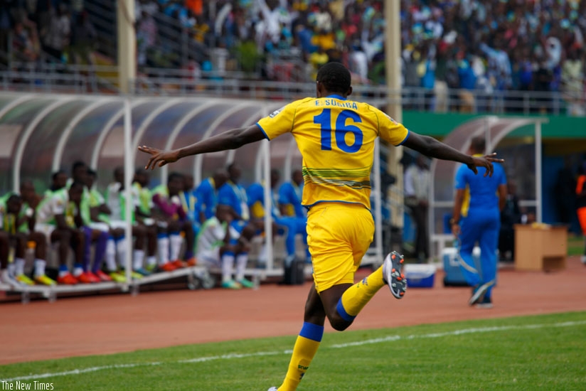 Ernest Sugira celebrates after scoring the first of his two goals against Gabon (Timothy Kisambira)