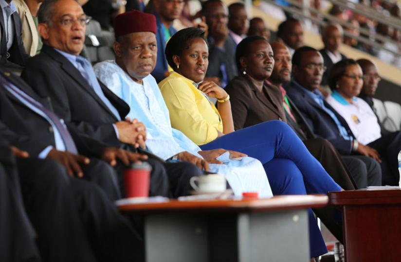First Lady Jeannette Kagame (third left), with CAF and Government officials, follow the game of Amavubi against Gabon last evening, which the latter won 2-1. (Courtesy)