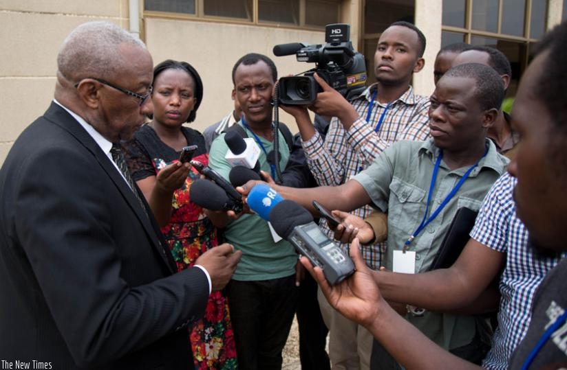 NEC chairperson Mbanda briefs journalists after meeting with the senators yesterday. (Timothy Kisambira)