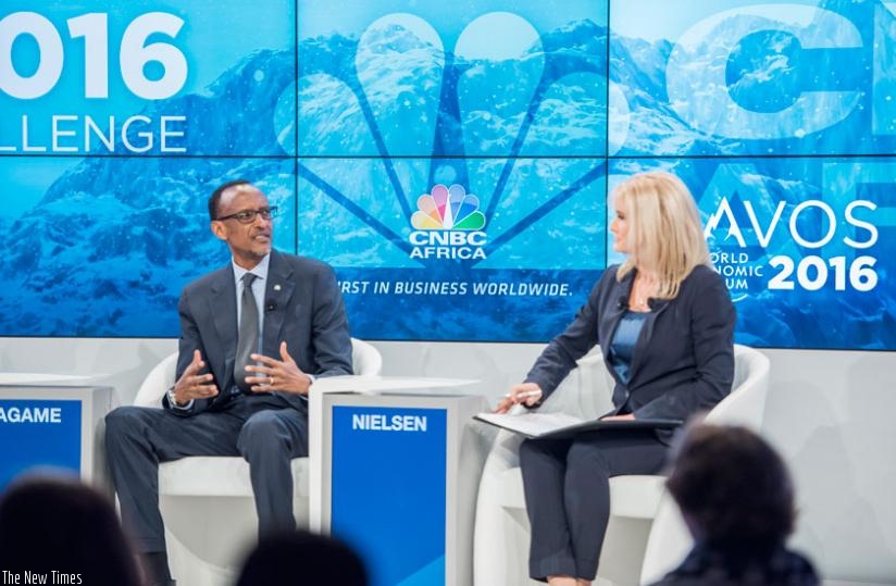 President Kagame during a panel session, Africa's Next Challenge in Davos on Thursday, with moderator, Bronwyn Nielsen of CNBC Africa. (Village Urugwiro)