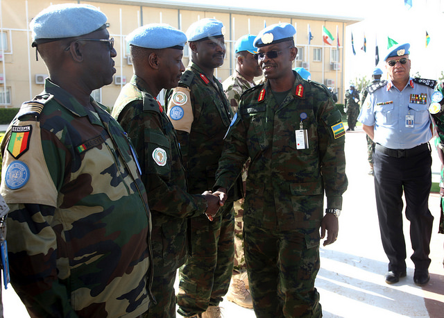 Lt Gen Frank Mushyo Kamanzi, UNAMID newly appointed Force Commander, officially welcomed at the Mission's headquarters in El Fasher, North Darfur on 21 January 2016.  (Photo by Mohamad Almahady, UNAMID)