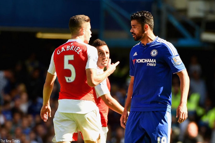 Arsenal defender Gabriel clashes with his fellow Brazilian Diego Costa as Chelsea beat Arsenal 2-0 at Stanford Bridge. (Internet photo)