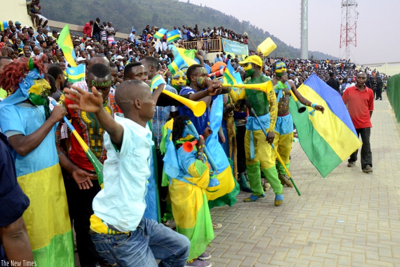 Amavubi fans celebrate a victory of 1-0 in the friendly match between Rwanda and DR Congo on last Sunday at Umuganda Stadium. (File)