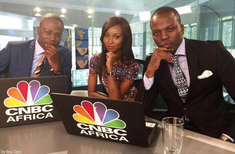 Regional CNBC Anchors; L-R Bonny Tunya  (Nairobi), Tumisho Grater (South Africa) and George Ndirangu (Kigali). The network is set to move its regional studios to Kigali next month. (Courtesy)