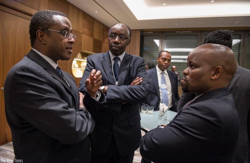 L-R: Natural Resources minister Dr Vincent Biruta, Rwandan envoy to Switzerland Francois-Xavier Ngarambe, and Youth and ICT minister Jean Philbert Nsengimana were part of Rwandau2019s delegation to the 2016 World Economic Forum in Davos last week. The meeting, among others, discussed the likely impact of the anticipated 4th Industrial Revolution to the global economy. (Courtesy)