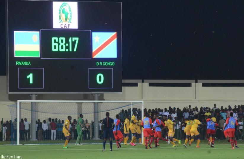 The scoreboard at the new Umuganda Stadium in Rubavu reflects match score as Amavubi tussled The Leopards of DR Congo a fortnight ago. (Sam Ngendakumana)