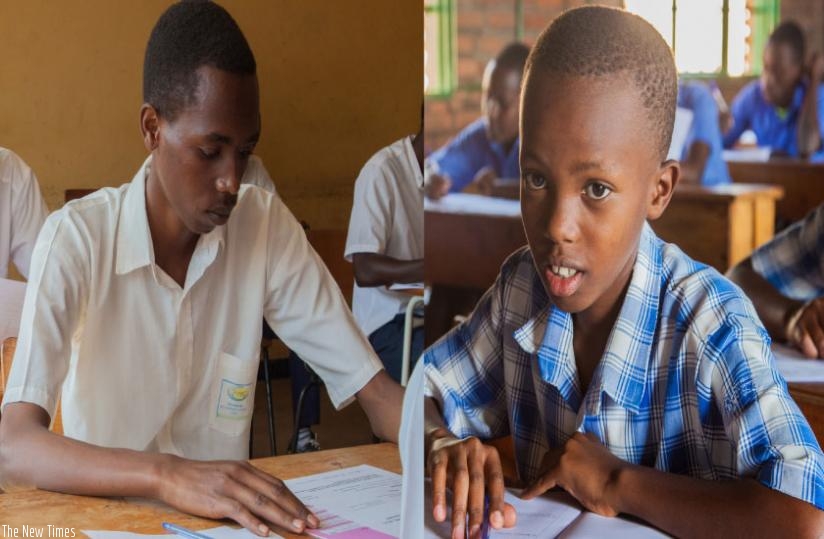 Left, students sit the 2015 national examinations at IPRC Kigali and right, pupils sit the exam in Kigali. (Faustin Niyigena)