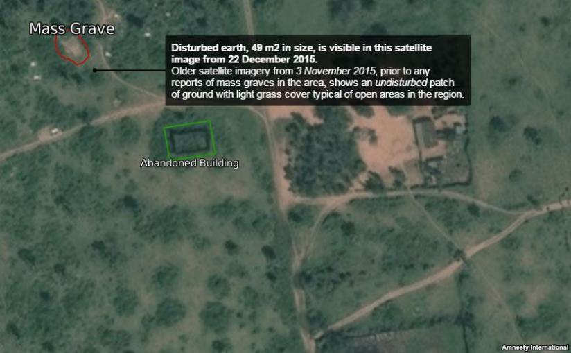 After comparing satellite images before and after Dec. 11 with video footage, Amnesty International has described the area shown in the yellow dotted line as a suspected mass grave site. (Amnesty International)