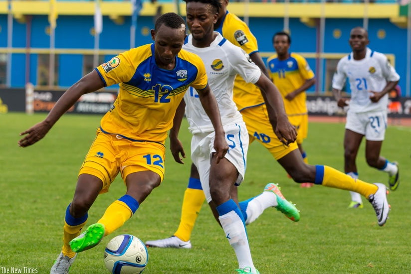 Left winger Jean-Claude Iranzi, seen here against Gabon last week, has been a key figure in Amavubi's run to the quarter-finals. (Timothy Kisambira)