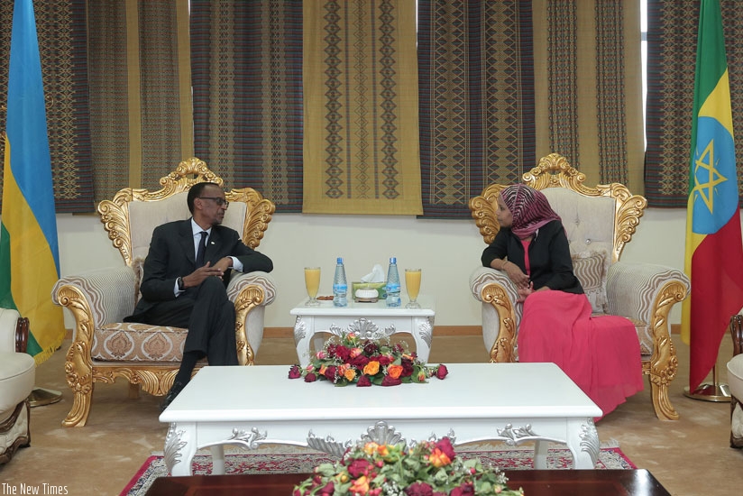 President Kagame chats with Ethiopia's Minister for Culture and Tourism, Aisha Mohammed Mussa, in Addis Ababa yesterday. (Village Urugwiro)