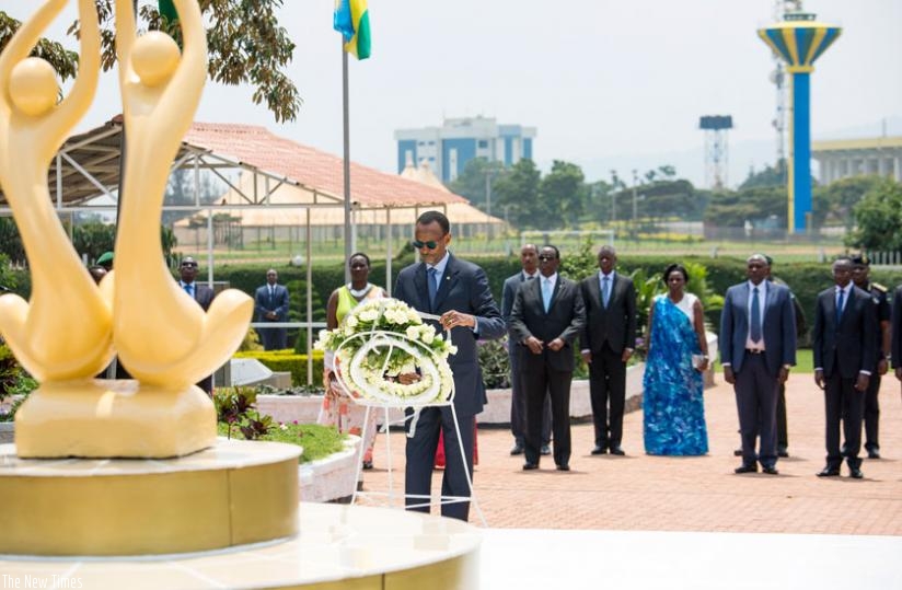 President Kagame lays a wreath at the Heroes' Square in Remera, Kigali, to pay tribute to all the fallen Rwandan heroes, yesterday. (Village Urugwiro)
