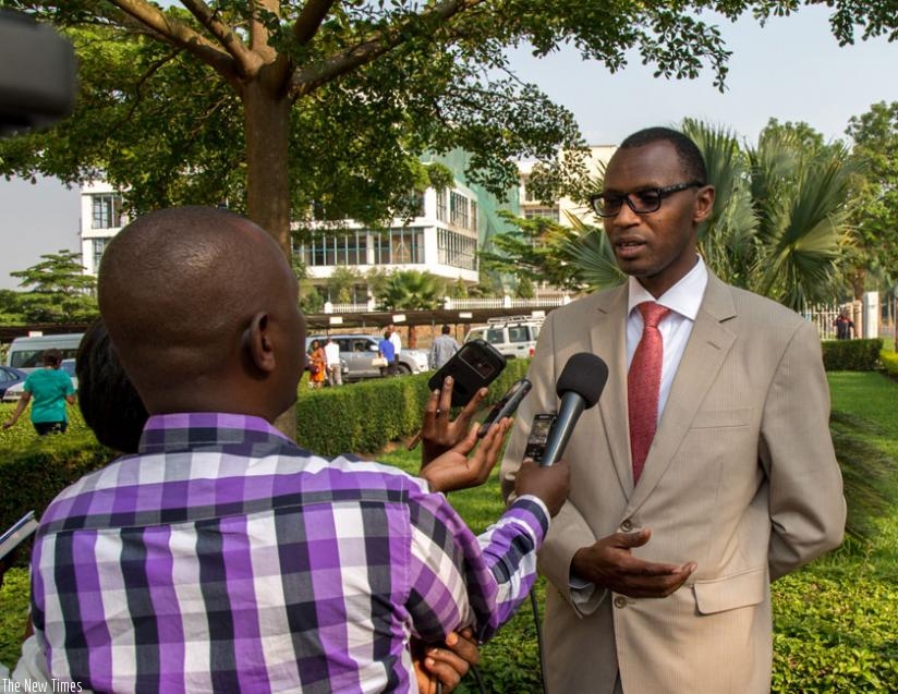 Minister Musafiri speaks to the media after signing the agreement yesterday. (Doreen Umutesi)