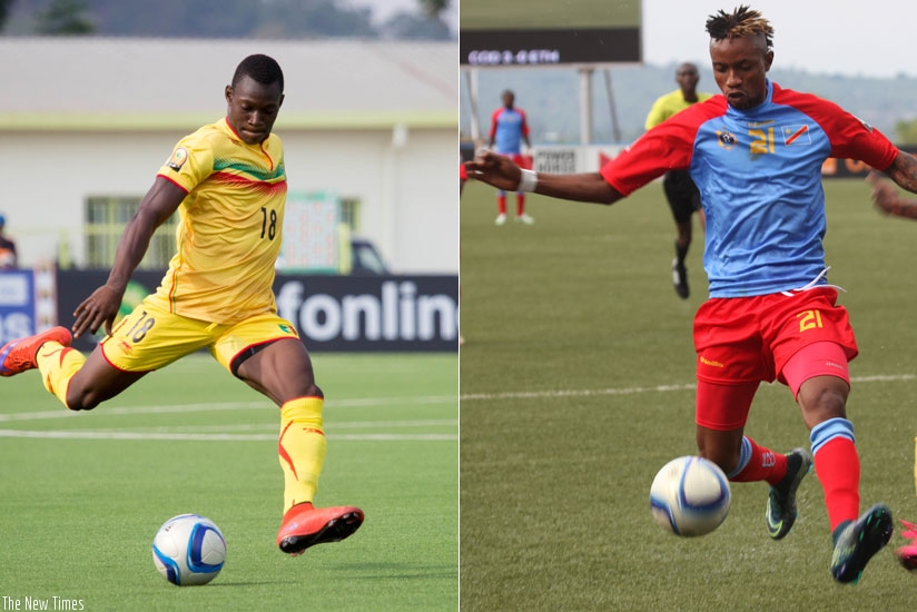 Mali midfielder Aliou Dieng (L) will have to be on top of his game playing in-front of his defence against DR Congo attack led by Jonathan Bolingi (R). (Timothy Kisambira)