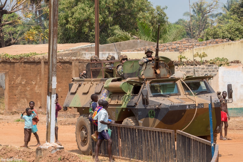 UN peacekeepers patrol the streets of Bangui in Central African Republic. (Timothy KIsambira)