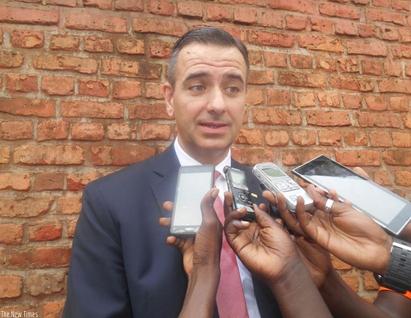 Dr. Kattner speaking to the journalists after touring Nyamata memorial site in Bugesera. (G. Asiimwe)