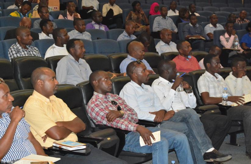 Some of the new taxpayers, who attended the training at RRA headquarters on Friday, listen to proceedings. They were urged to embrace EBMs. (Appolonia Uwanziga)