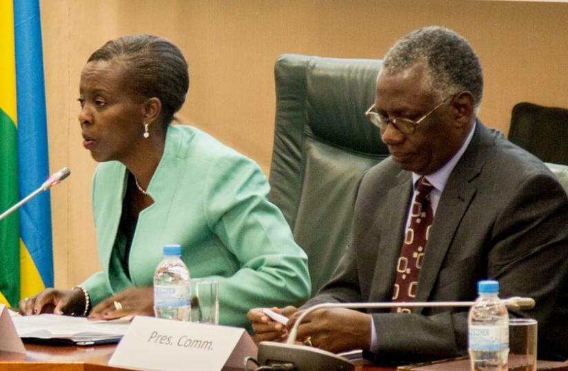 Minister Mushikiwabo presents Rwanda's foreign policy to the senators as Senator Michel Rugema, senate's president of the foreign affairs, cooperation and security committee listens. (Doreen Umutesi)
