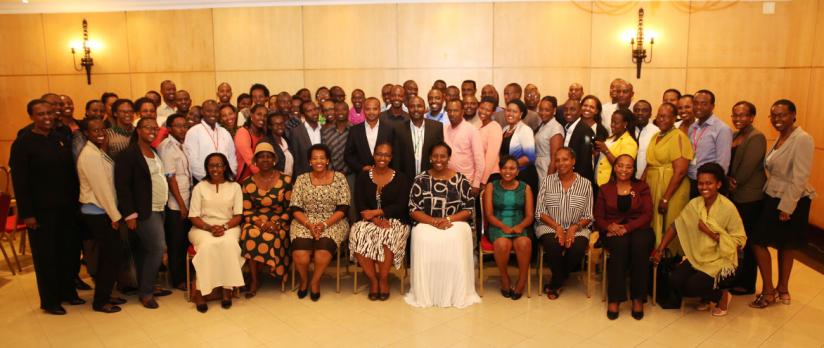 First Lady and Chairperson of Imbuto Foundation Mrs Jeannette Kagame poses with the board members and staff at the annual meeting held in Kigali on 22 January 2016. (Courtesy)