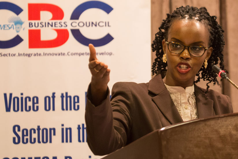 Sandra Uwera, the chief executive officer of COMESA Business Council, gives her remarks during a meeting in Kigali today. (Timothy Kisambira)