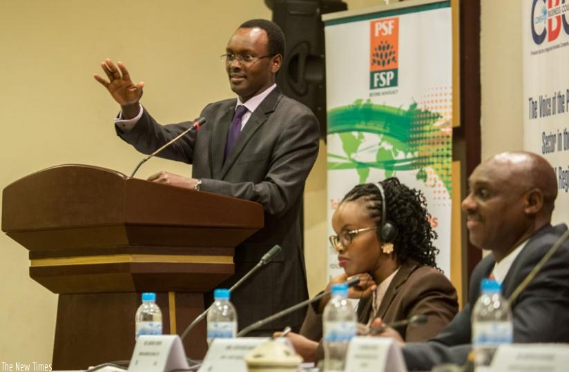 Hategeka addresses participants during the meeting in Kigali yesterday. (Timothy Kisambira)