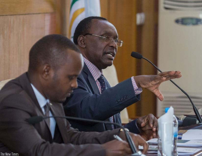 Minister Kanimba speaks during the meeting in Kigali,  on Wednesday as Minister Nsanganira looks on. (Timothy Kisambira)