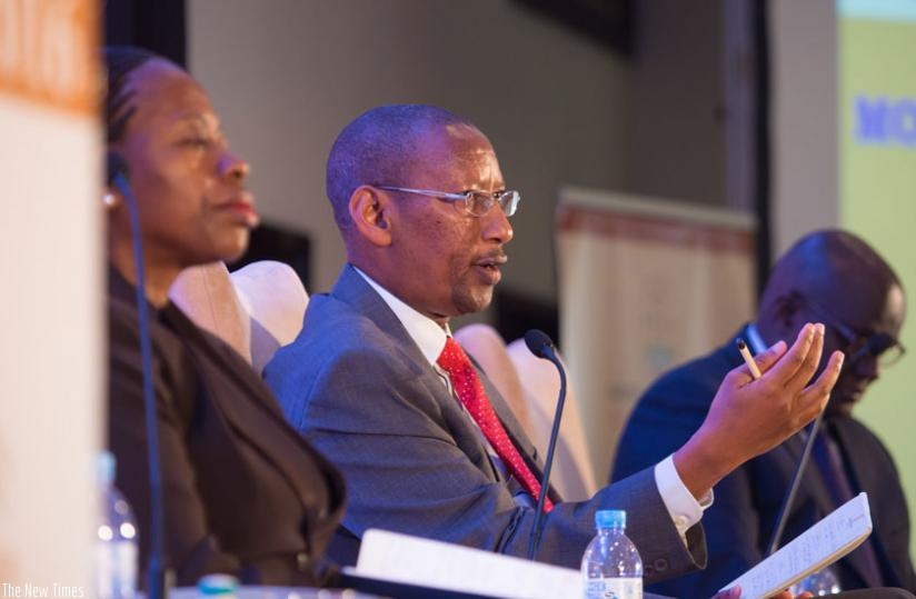 Rwangombwa speaks during the monetary policy and financial stability meeting in Kigali yesterday. (Timothy Kisambira)