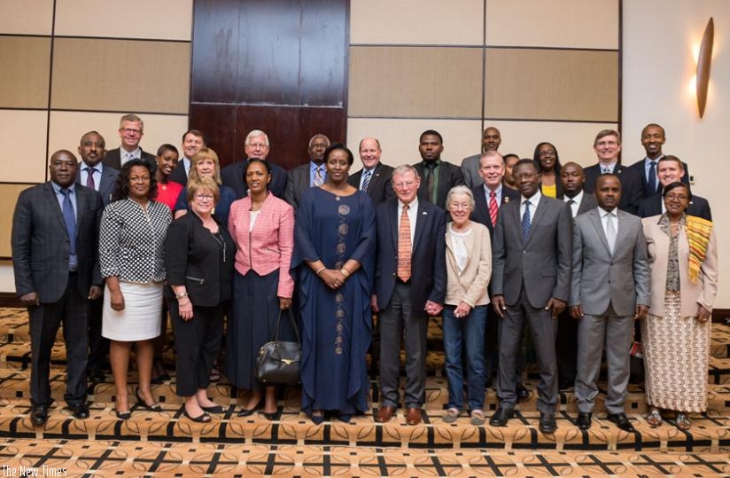 First Lady Mrs Jeannette Kagame at the National Prayer Breakfast meeting for a US congressional delegation led by Senator James Inhofe (First Lady's left) and representatives of the Rwanda Leaders Fellowship, led by Reverend Antoine Rutayisire (third right). (Courtesy)