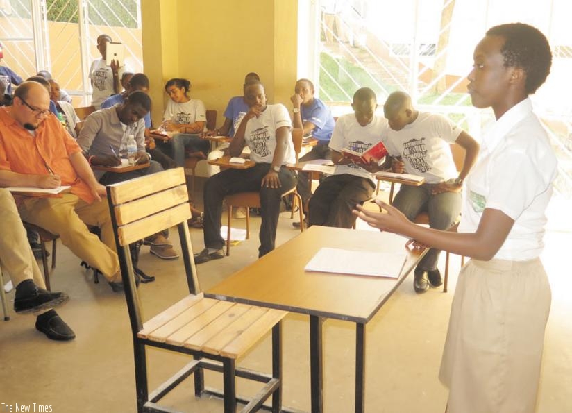 A student speaks to colleagues during a debate session at Lycu00e9e de Kigali. (File)