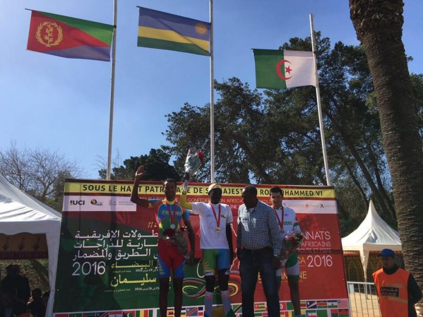 Valens Ndayisenga (2nd Left) won Gold at the Continental Road Championships in Morocco. (Courtesy)