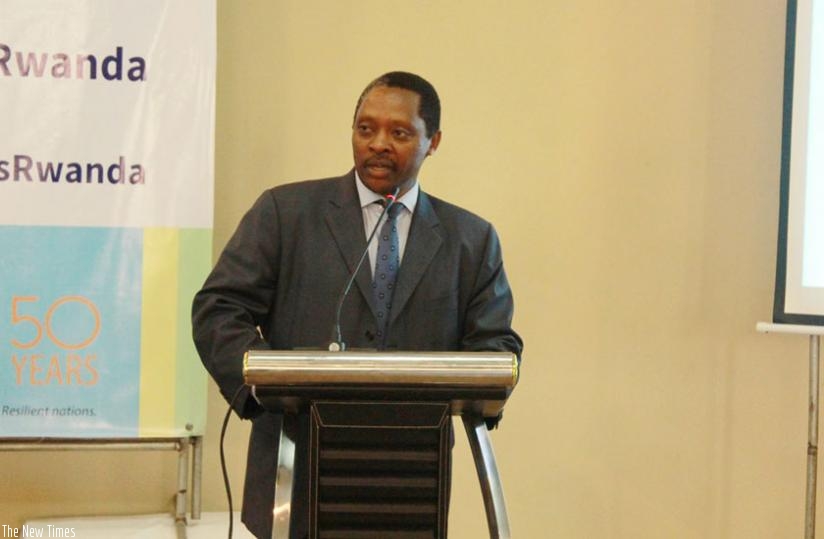 Rwanda Governance Board chief executive Anastase Shyaka addresses the meeting on SDGs yesterday. (Courtesy)