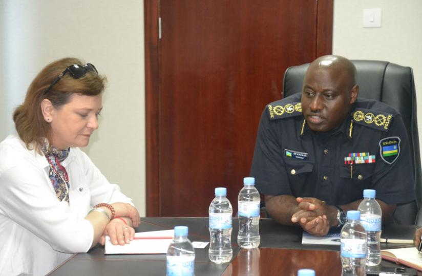 Elena Panfilova, Vice-chairperson of Transparency International (TI) Board of Directors chats with IGP Emmanuel K. Gasana during the meeting yesterday. (Courtesy)