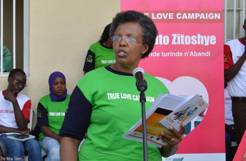 Vice-Chair of Imbuto Foundation Rita Zirimwabagabo delivering her remarks during the campaign at Bugarura Island on Lake Kivu in Rutsiro District on Wednesday. (Courtesy)