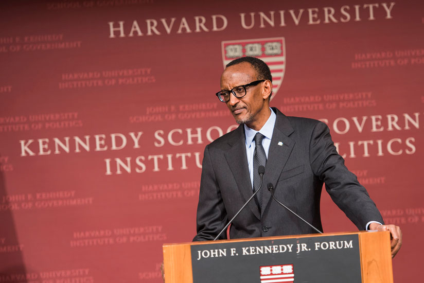 President Kagame delivers a public lecture at the John F. Kennedy Jr. Forum at Harvard Institute of Politics in Boston. (Village Urugwiro)