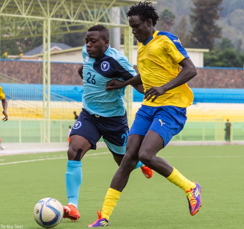 Isaie Songa (left) scored Police's all-important away goal in Juba. He also netted in the 3-1 win in the first leg in Kigali. (T. Kisambira)