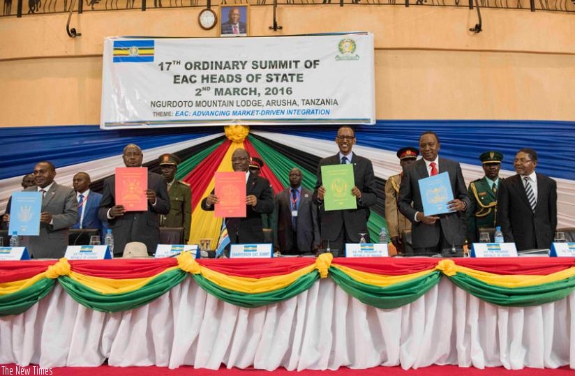 L-R Vice President of Burundi, Presidents Museveni of Uganda, Magufuli of Tanzania, Kagame of Rwanda, Kenyatta of Kenya and President of Zanzibar at the Heads of State Summit in Arusha, Tanzania. (Village Urugwiro)