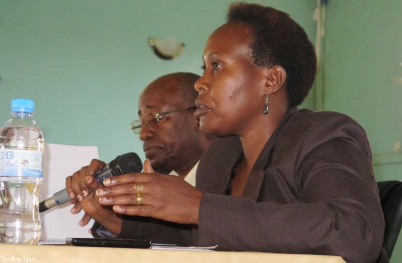 MP Jacqueline Mukakanyamugenge makes a point as MP Innocent Kayitare looks on during interaction with Huye local leaders on welfare and development initiatives in Huye District in January. (File)