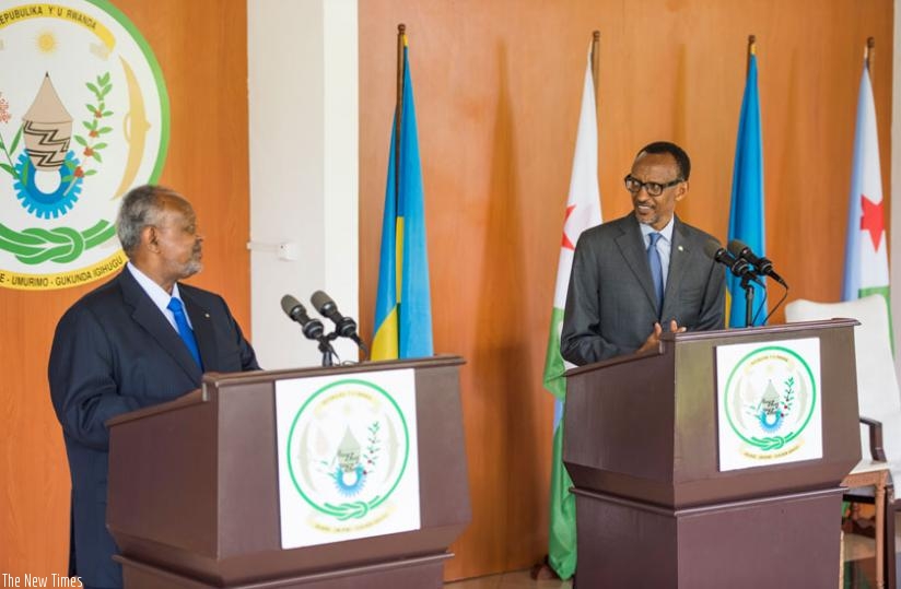 President Kagame and President Ismail Omar Guelleh of Djibouti addressing a joint press conference yesterday. (Village Urugwiro)