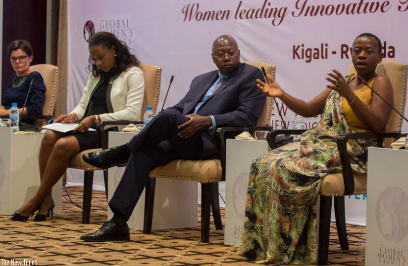 Panelists: (L-R) Ecobanque chief executive Ndiaye Mareme Mbaye, Manneh, and  Nsanzabaganwa during the Global Women Summit in Kigali yesterday. (Timothy Kisambira)