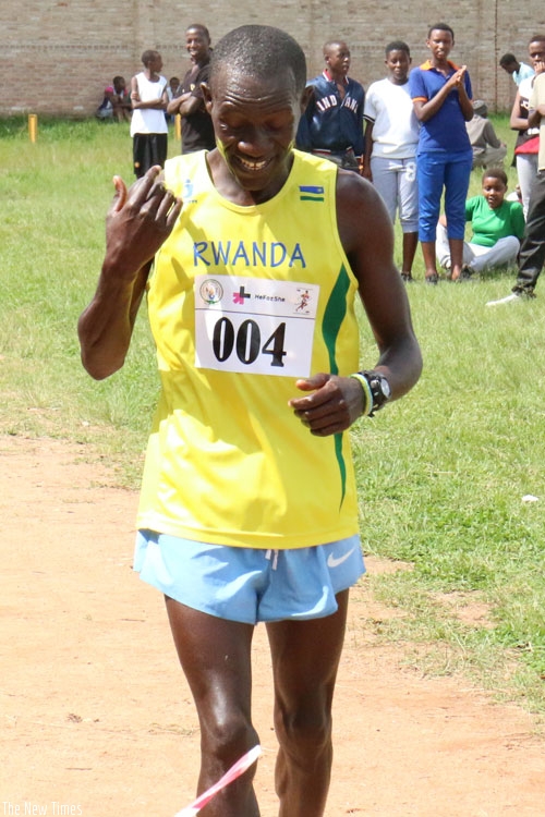 Kajuga crosses the finish line to win the Nyanza peace race last weekend. He has been banned for four years over refusal to take a drug test. (G. Asiimwe)