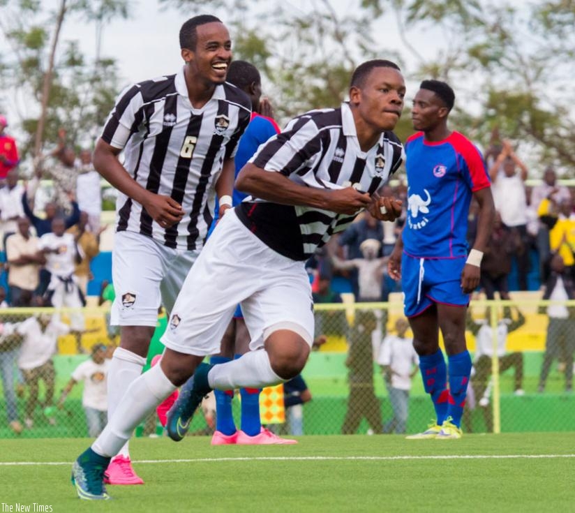 Abdul Rwatubyaye celebrates after scoring a hat-trick against Mbabane Swallows in the last round. (T. Kisambira)