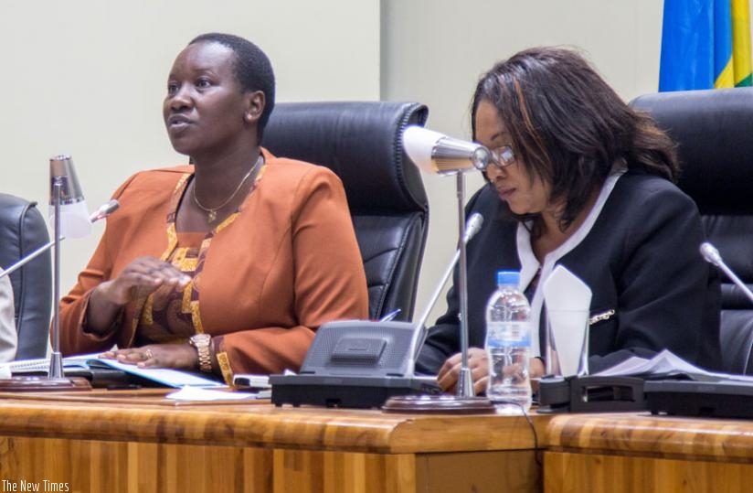 Minister Uwacu explains to Parliament the efforts the Ministry of Sports and Culture is putting in grooming great athletes. Right is MP Agnes Mukazibera. (Doreen Umutesi)