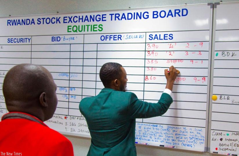 Stock brokers trade at Rwanda Stock Exchange offices. This is one of the ventures where Agaciro Development Fund has been invested in. (Timothy Kisambira)