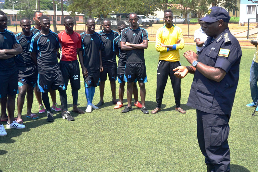 IGP Emmanuel K. Gasana meets with the Police FC players on Friday ahead of today's clash with Vita Club Mokanda of the Republic of Congo. (Courtesy)