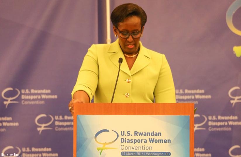 First Lady Jeannette Kagame gives a keynote address at the inaugural Rwanda Women in Diaspora Convention in Washington DC, on Saturday. (Courtesy)