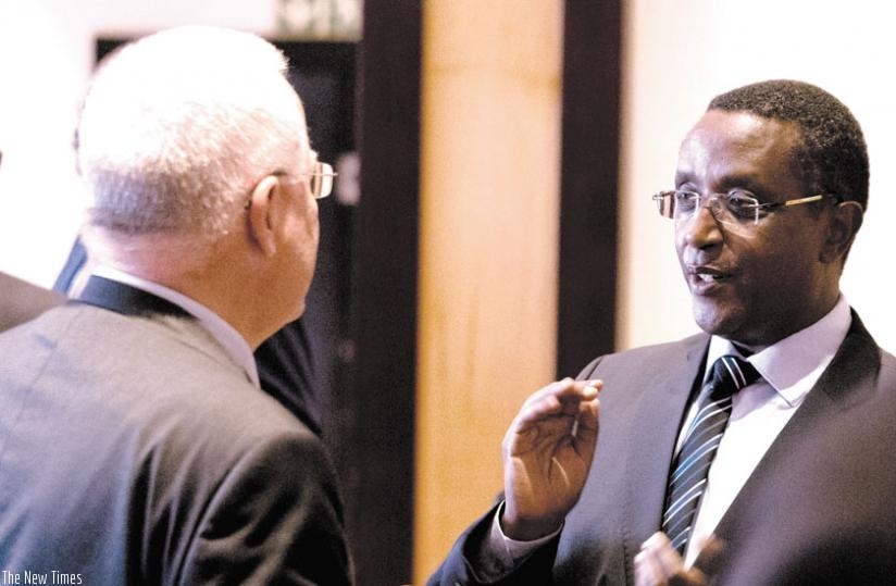 German Ambassador to Rwanda Peter Fahrenholtz (L) chats with Vincent Biruta, the minister for natural resources, in Kigali yesterday. (Timothy Kisambira)
