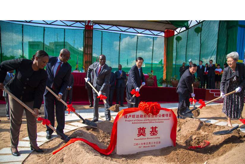 Chairman of the National People's Congress of China Zhang Dejiang, and Prime minister(C) together with other guests during the ground breaking of the government administrative office complex in Kimihurura (All photos by Timothy Kisambira)