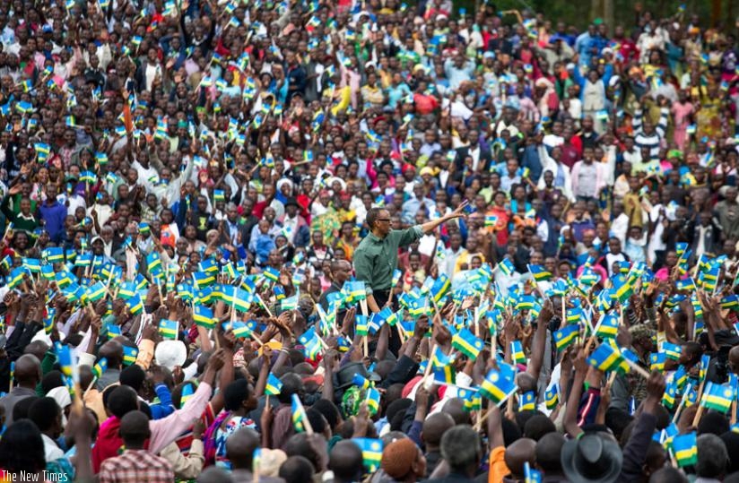 President Kagame is welcomed by a sea of residents to Gakenke District in Northern Province yesterday. (Village Urugwiro)