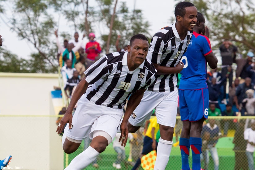 Abdul Rwatubyaye (#28) celebrates after completing his historic hat trick against Mbabane Swallows. (File)