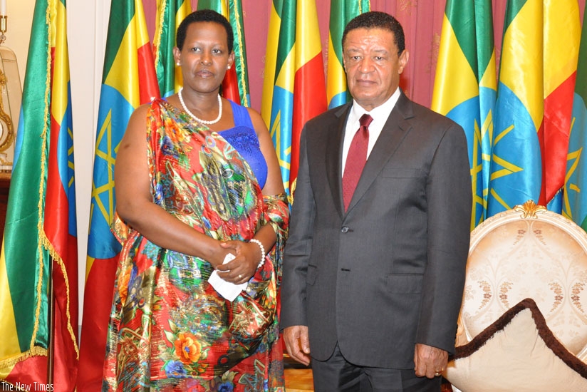 Tumukunde (L) presented her credentials to President Mulatu Teshome at the Presidential Palace in Addis Ababa yesterday. (Courtesy)
